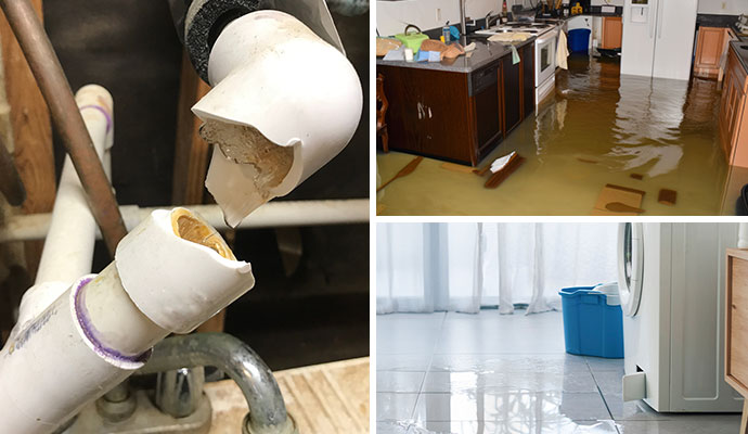 Collage of broken water pipe, flood damaged room and water leaking from washing machine