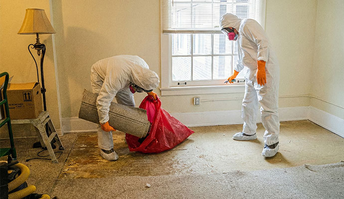 Biohazard cleanup technicians in protective suits removing contaminated carpeting