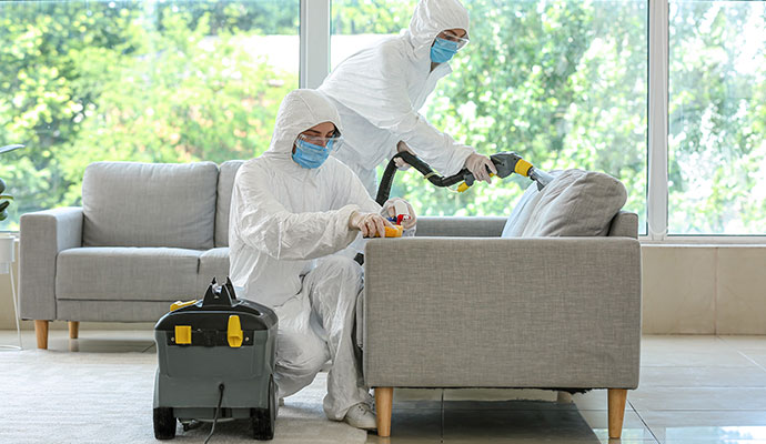 Trauma cleanup professionals sanitizing upholstered sofa in modern living room