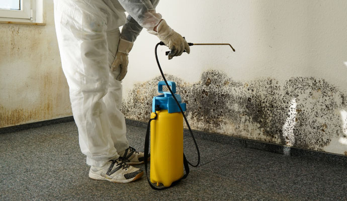 Technician in protective suit spraying treatment on black mold on wall