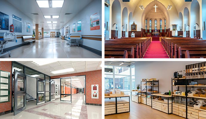 Collage of healthcare, church, school and retail store