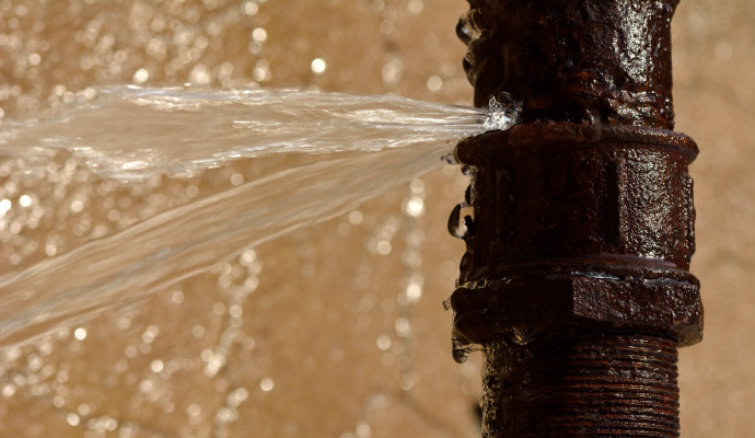 Rusted metal pipe bursting and spraying water under pressure