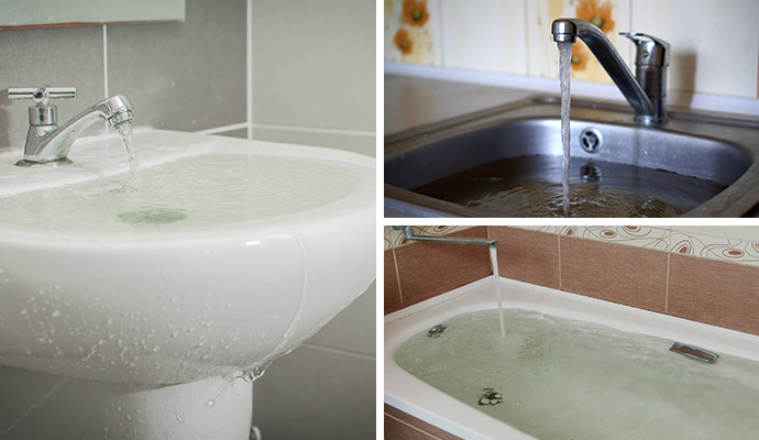 Collage of overflowing bathroom and kitchen sinks and bathtub with running water causing indoor plumbing and water damage issues