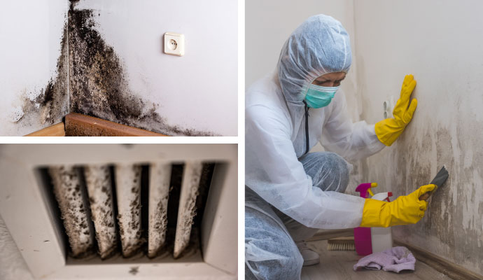 Collage of black mold on the wall, moldy HVAC and mold remediation service