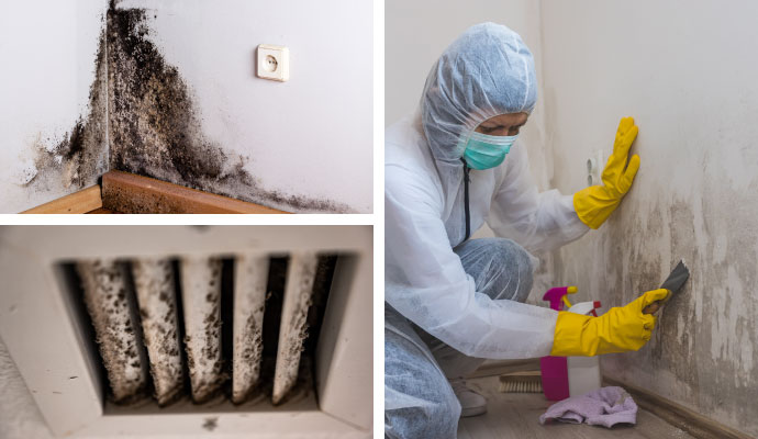 Collage of black mold on wall, dirty HVAC vent, and remediation technician cleaning drywall