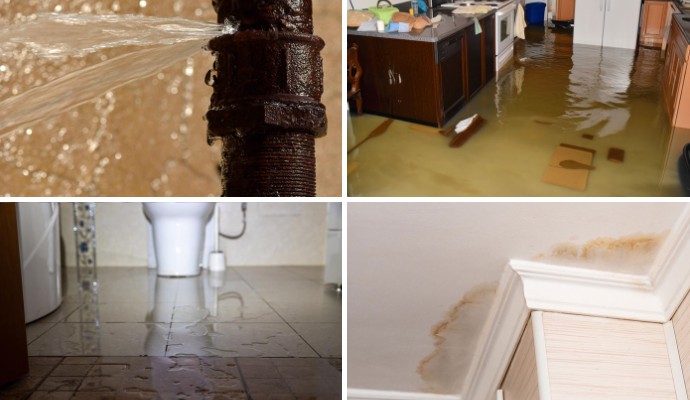 Collage of broken water pipe, flood damaged property, water damaged toilet floor and water stained ceiling