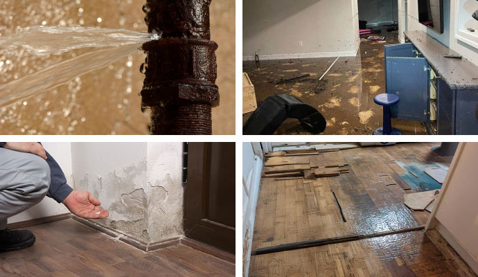 Collage of burst pipe, flooded room, wall water damage, and ruined wood flooring