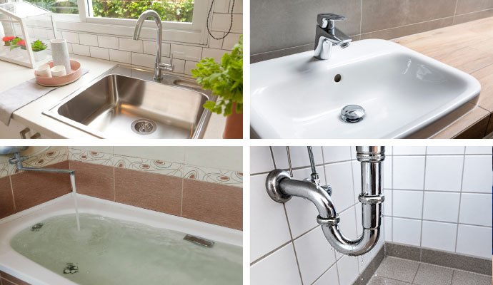 Collage of common plumbing fixture leak sources