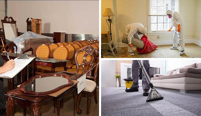 Collage of content listing for restoration service, biohazard cleanup service and carpet cleanup service