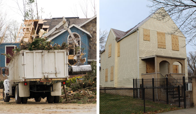 collage of debris removal and boarded up service