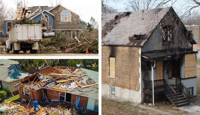 collage of different types of disaster damage cleanup