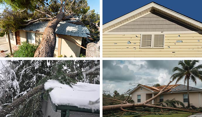 Collage of wind, hail, heavy snow and tornado damaged houses