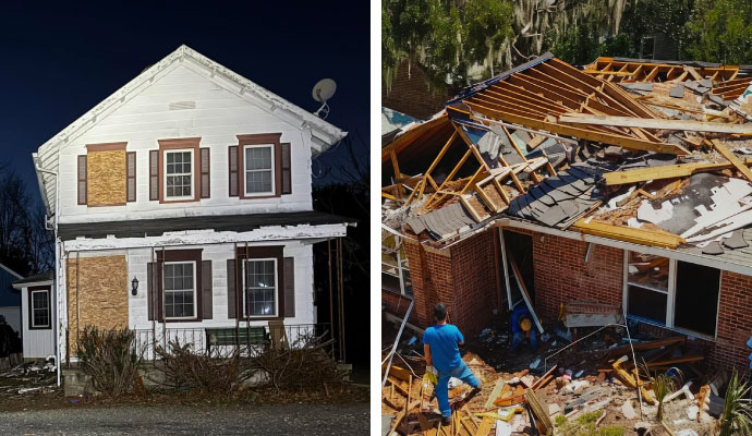 Collage of house with emergency board-up windows and worker cleaning destroyed roof debris