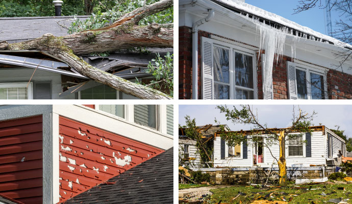 Collage of fallen tree on roof, icicles on gutter, hail damaged siding, and storm destroyed house