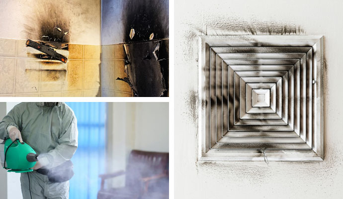 Collage of fire and smoke damage cleanup