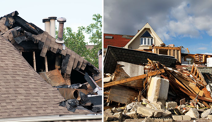 Collage of fire and storm damaged properties