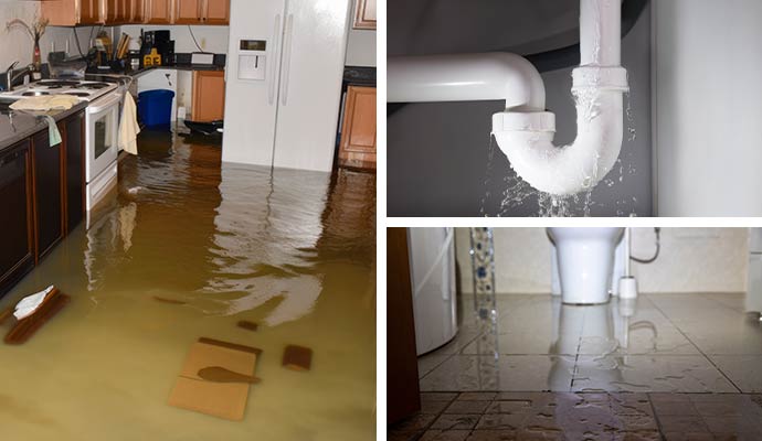 Collage of flood damaged kitchen, plumbing leak and water damaged toilet floor