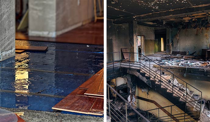 Collage of flooded floor and fire-damaged interior.