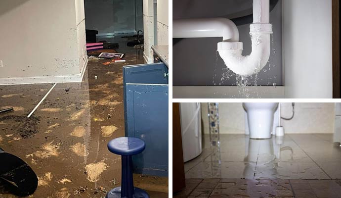 Collage of flooded room, leaking pipe, and wet floor.