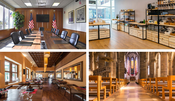 Collage of government office, retail stores, restaurants, and places of worship