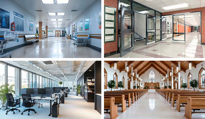Collage of healthcare, school, office and church