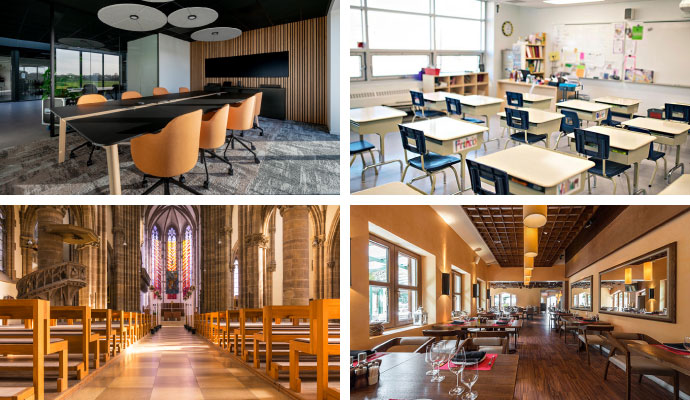 Collage of office buildings, classrooms, places of worship, and restaurants