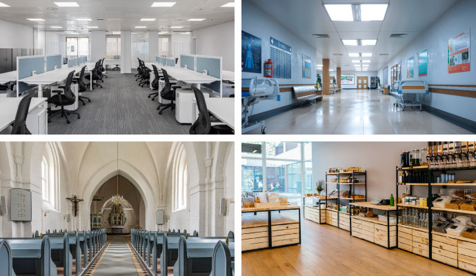 Collage of office, healthcare clinics, places of worship, and retail store