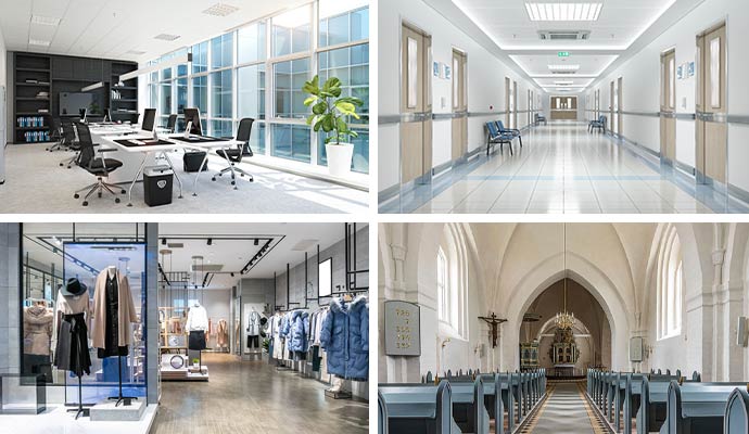 Collage of office, healthcare, retail, and worship spaces.