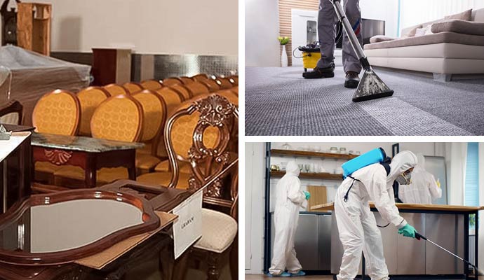 Collage of restoration, carpet cleaning, and disinfection .