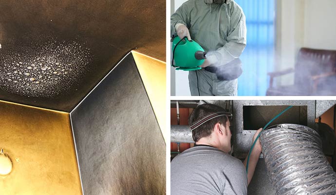 Collage of smoke damage, sanitizing fogger, and duct inspection.