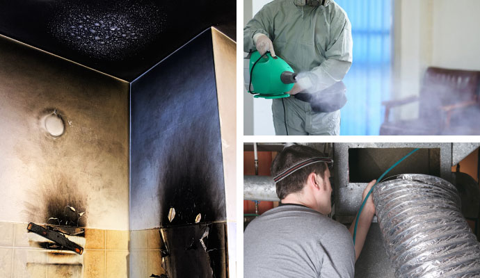 collage of soot damaged ceiling, smoke odor removal service and duct cleaning service