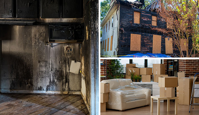 Collage of soot damaged wall, boarded-up house and packed-out contents