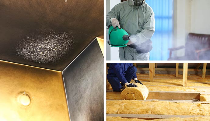 Collage of soot damaged wall, smoke odor removal and insulation replacement