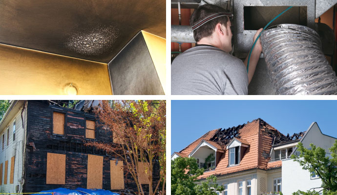 Collage of soot on the ceiling, board up house, duct cleaning, and fire damaged house