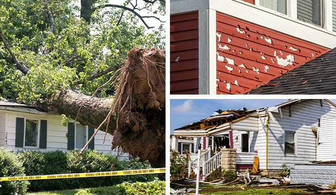 Collage of storm damage, hail damage and tornado damaged property.