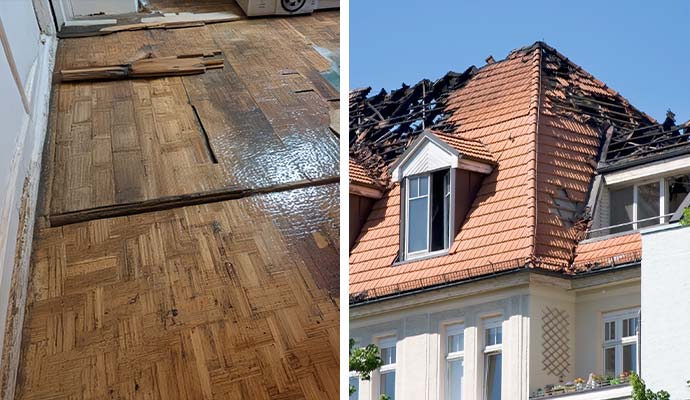 Collage of water and fire damaged house