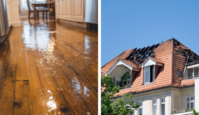 Collage of water damaged floor and fire damaged house