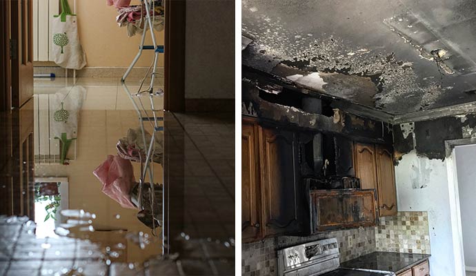 Collage of water damaged floor and fire damaged house.
