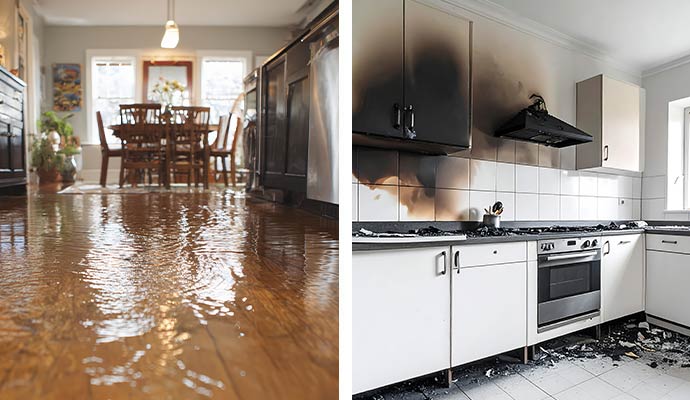Collage of water damaged floor and fire damaged kitchen.