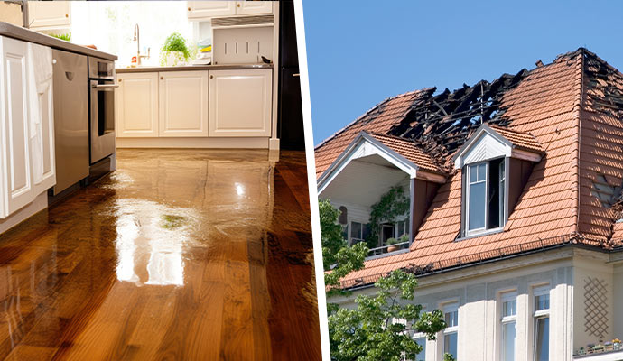 Collage of water-damaged floor and fire-damaged roof