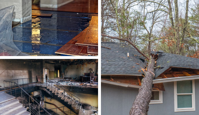 Collage of water damaged floor, fire damage, and storm damaged house