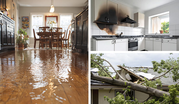 Collage of water damaged floor, fire damaged kitchen and storm damaged house roof