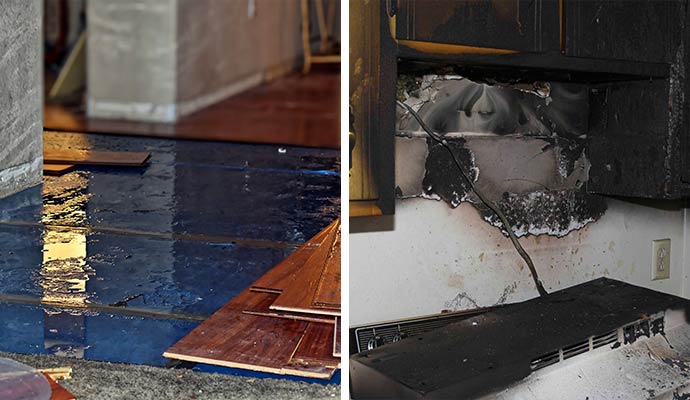 Collage of water damaged floor and fire damaged kitchen