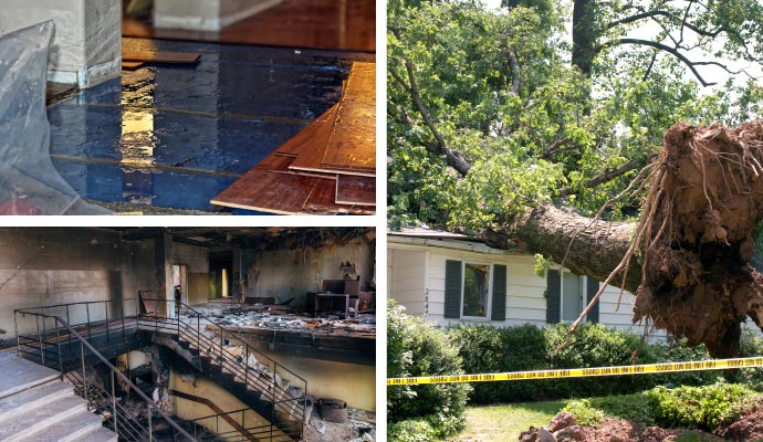 Collage of water damaged house, fire, and wind damage