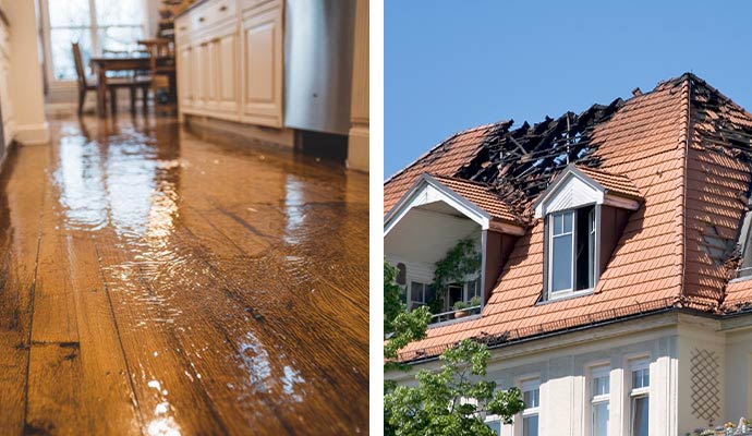 Collage of water damaged wooden floor and fire damaged house.