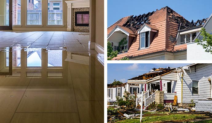 Collage of water, fire and storm damage property.