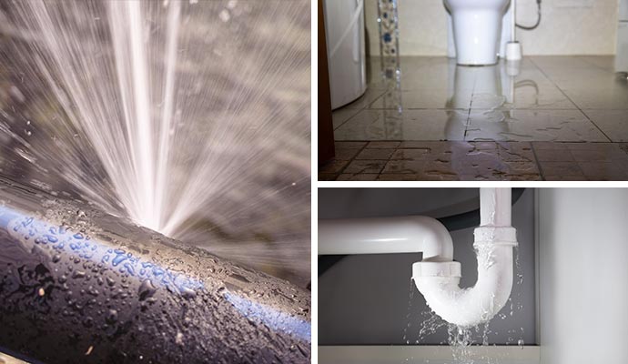 Collage of water leaking from a broken pipe, water damaged toilet floor, and plumbing leak