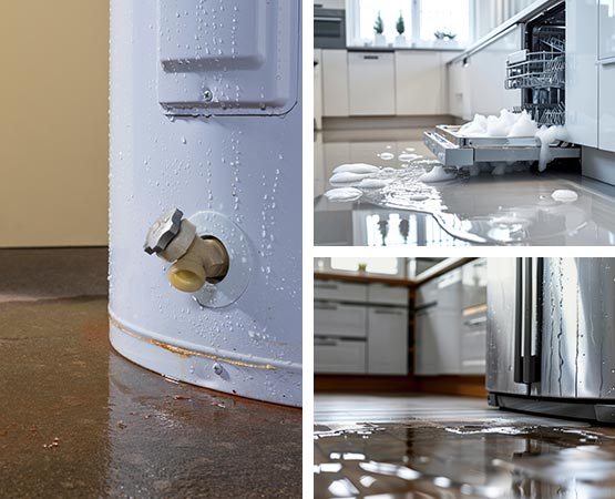 Collage of water leaking from different types of appliances