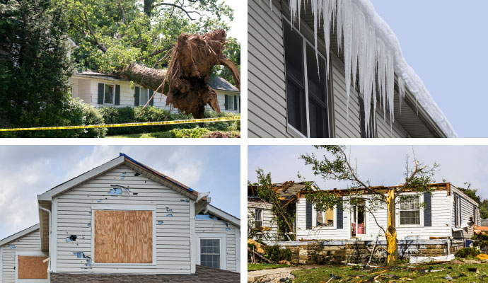 Collage of wind, hail, ice, and tornado damaged properties