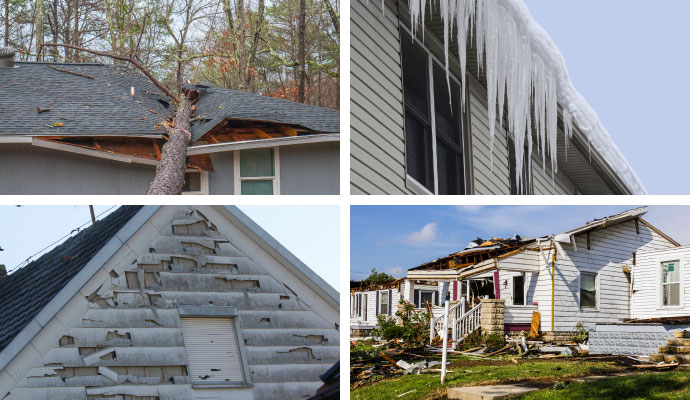 Collage of wind, hail, snow, and tornado damage